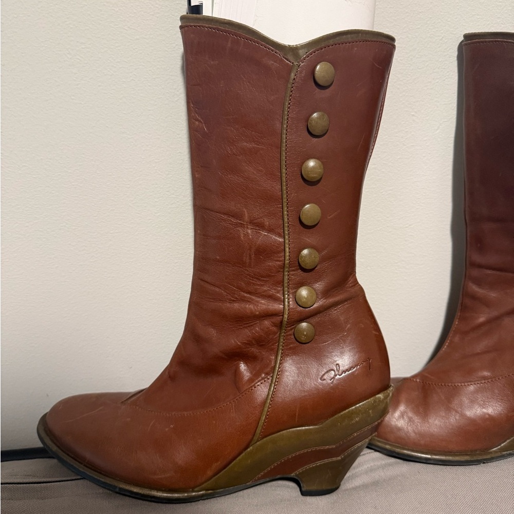 John Fluevog Brown Leather Heeled Boots with Button Detail